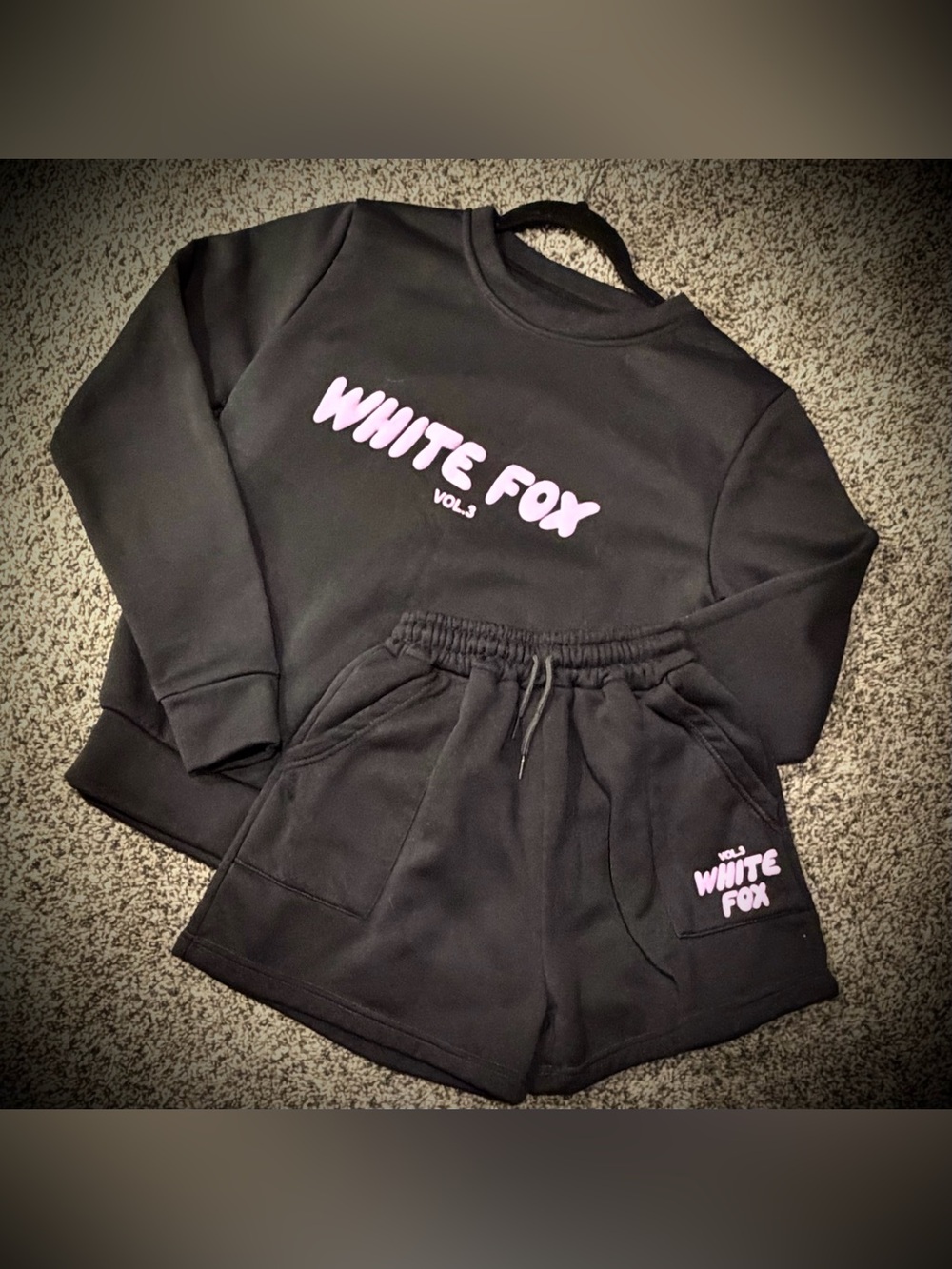 White Fox Boutique Grey Sweatshirt & Short Lounge Set (Light Pink Text) - Small